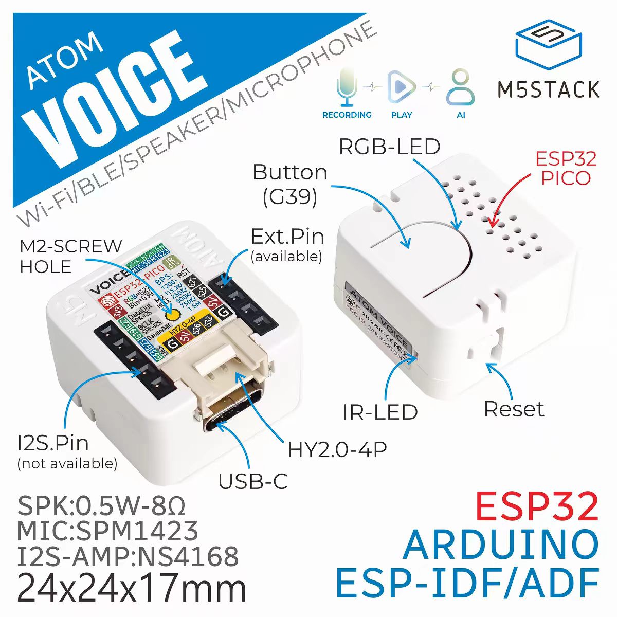 M5Stack ATOM Echo 硬件与尺寸示意